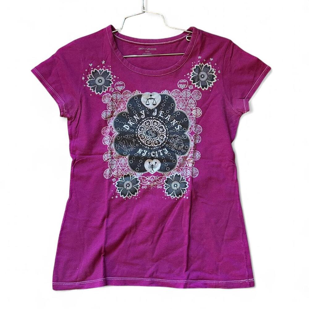 DKNY Women's Pink and Purple Zodiac T-shirt S
